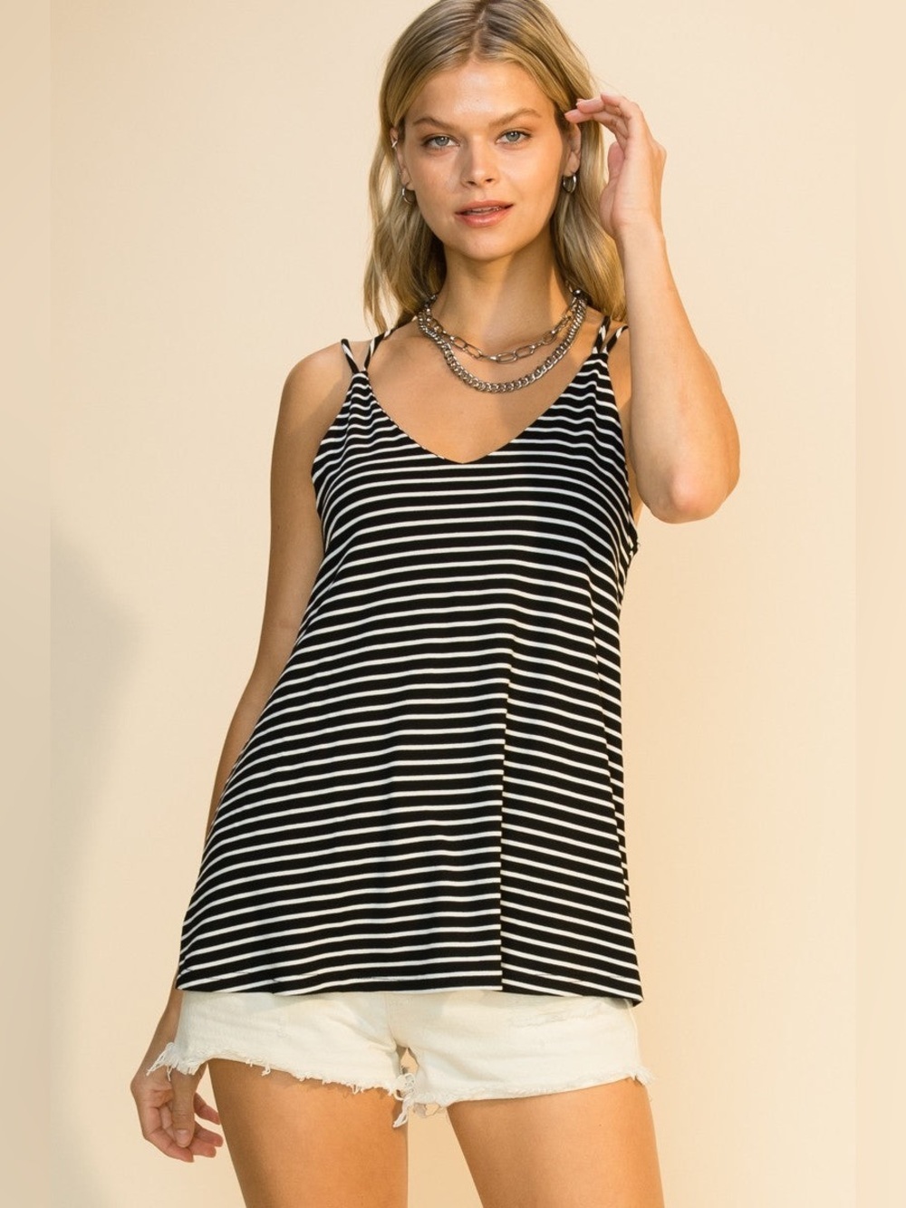 NWT Black & White Striped Sailor Double Strap Tank Top, Size Medium